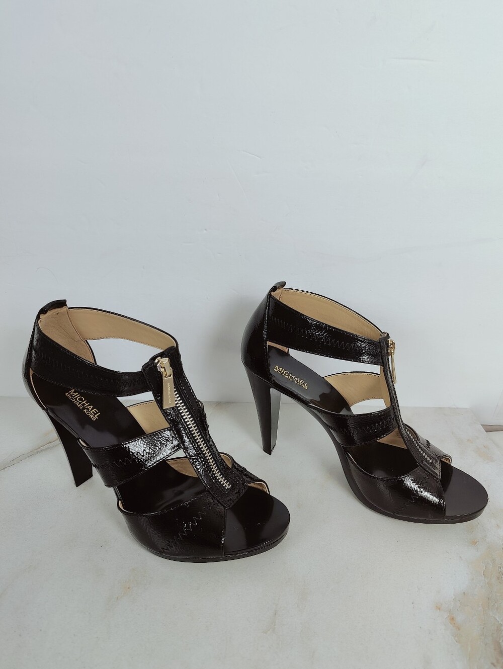 MICHAEL Michael Kors Berkley T-Strap Black Crinkled Patent Leather Heels, 8